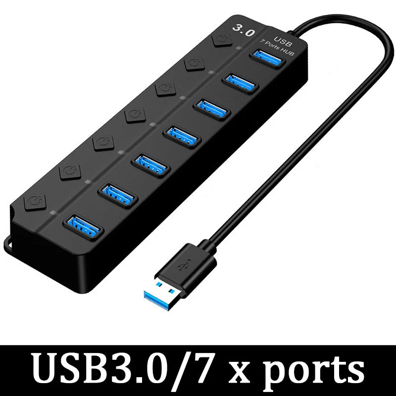 محول طاقة USB 3.0 موزع متعدد المنافذ 4/7 منفذ هاب USB 2.0 موسع متعدد مع مفتاح وكابل 30 سم محطة إرساء