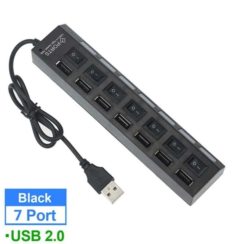 موزع USB محور توسيع 7 منافذ USB2.0 للكمبيوتر - جهاز تقسيم USB واحد إلى سبعة منافذ للكمبيوتر المحمول وسطح المكتب
