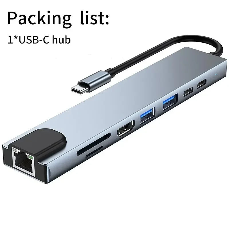 محول USB 8 في 1 من النوع C 3.1 إلى 4K HDTV مع قارئ بطاقات SD/TF وRJ45 وشحن سريع PD لأجهزة MacBook والكمبيوتر المحمول