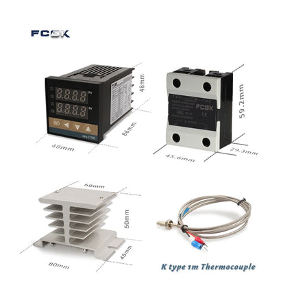 وحدة تحكم في درجة الحرارة REX-C100 PID بجهد 220 فولت حتى 400 درجة - ترموستات رقمي مع مخرج SSR 40 أمبير ومستشعر حرارة من النوع K