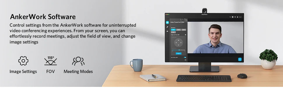 كاميرا ويب أنكر PowerConf C200 بدقة 2K للكمبيوتر المحمول - كاميرا ويب صغيرة بمنفذ USB مع ميكروفونات ستيريو بتقنية إلغاء الضوضاء