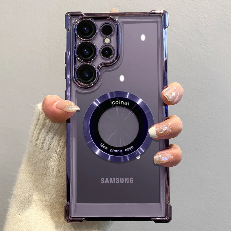 غطاء شحن لاسلكي مغناطيسي فاخر مطلي لهواتف سامسونج S25 S24 Ultra S23 FE S22 Plus S21 Note 20 مع حماية شفافة للعدسة