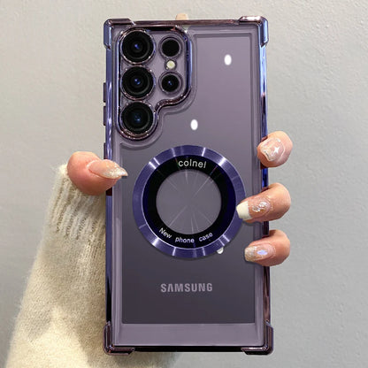 غطاء شحن لاسلكي مغناطيسي فاخر مطلي لهواتف سامسونج S25 S24 Ultra S23 FE S22 Plus S21 Note 20 مع حماية شفافة للعدسة