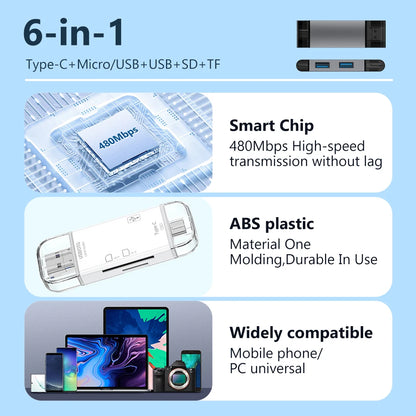 قارئ بطاقات الذاكرة متعددة الوظائف 6 في 1 OTG قارئ بطاقات SD USB2.0 Type-C/TF/SD محول ذكي لبطاقات الذاكرة