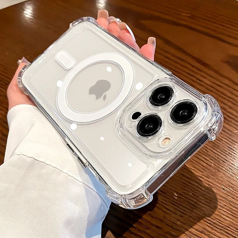 غطاء فاخر شفاف مزود بحلقة مغناطيسية للشحن اللاسلكي متوافق مع MagSafe، متوافق مع iPhone 11، 12، 13، 14، 15، 16 Pro Max Plus – واقٍ للصدمات بحواف معززة