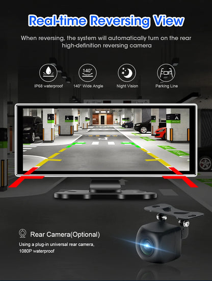 كاميرا تسجيل السيارة 4K بشاشة 10/11.26 بوصة مع كاربلاي لاسلكي وأندرويد أوتو ونظام ملاحة GPS ومسجل فيديو لوحة القيادة بعدستين مزدوجتين مع واي فاي وFM وAUX