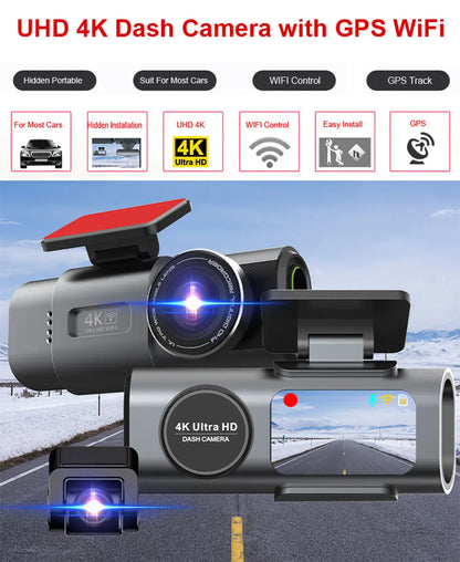كاميرا سيارة داش كام بدقة 4K UHD مسجل فيديو DVR برؤية ليلية مع واي فاي مدمج ودعم GPS ومراقبة 24 ساعة للركن