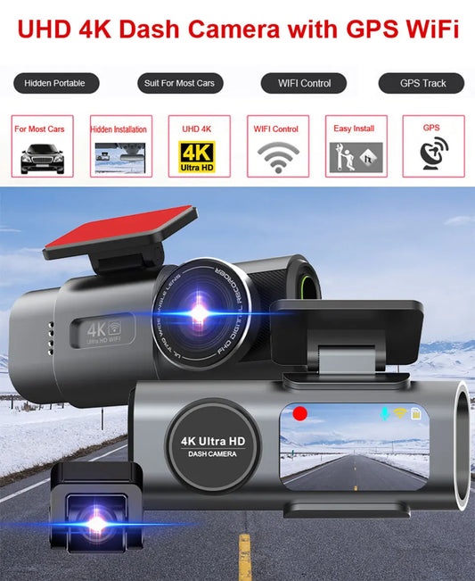 كاميرا سيارة داش كام بدقة 4K UHD مسجل فيديو DVR برؤية ليلية مع واي فاي مدمج ودعم GPS ومراقبة 24 ساعة للركن