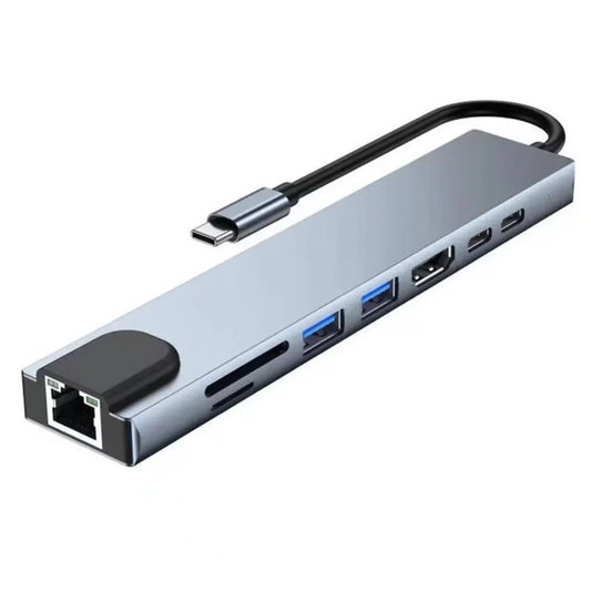محول USB 8 في 1 من النوع C 3.1 إلى 4K HDTV مع قارئ بطاقات SD/TF وRJ45 وشحن سريع PD لأجهزة MacBook والكمبيوتر المحمول