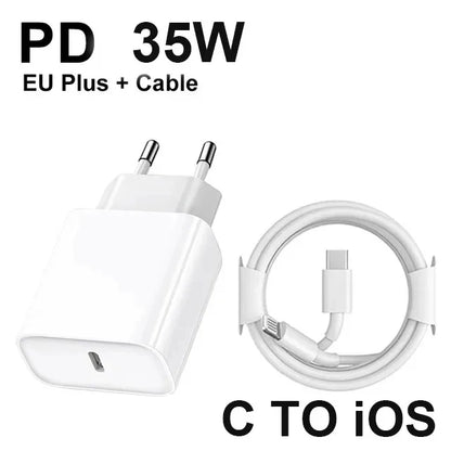 شاحن أصلي سريع PD 35 وات EU US لآيفون 16 15 14 13 11 12 برو ماكس بلس XS XR X مع كابل USB C شحن سريع تايب سي