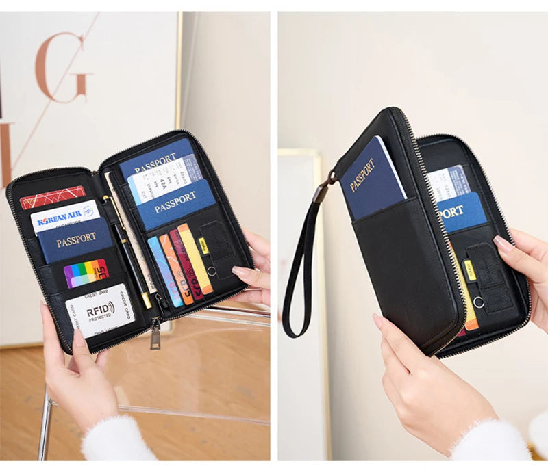 محفظة جواز السفر الجديدة للنساء والرجال متعددة الوظائف من جلد البولي يوريثان RFID لمكافحة سرقة البطاقات أكياس تخزين