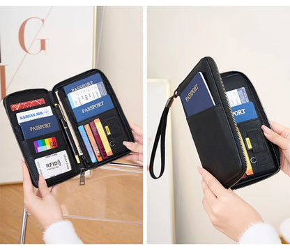 محفظة جواز السفر الجديدة للنساء والرجال متعددة الوظائف من جلد البولي يوريثان RFID لمكافحة سرقة البطاقات أكياس تخزين