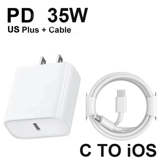 شاحن أصلي سريع PD 35 وات EU US لآيفون 16 15 14 13 11 12 برو ماكس بلس XS XR X مع كابل USB C شحن سريع تايب سي