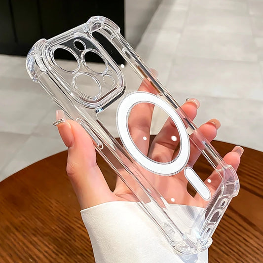 غطاء فاخر شفاف مزود بحلقة مغناطيسية للشحن اللاسلكي متوافق مع MagSafe، متوافق مع iPhone 11، 12، 13، 14، 15، 16 Pro Max Plus – واقٍ للصدمات بحواف معززة