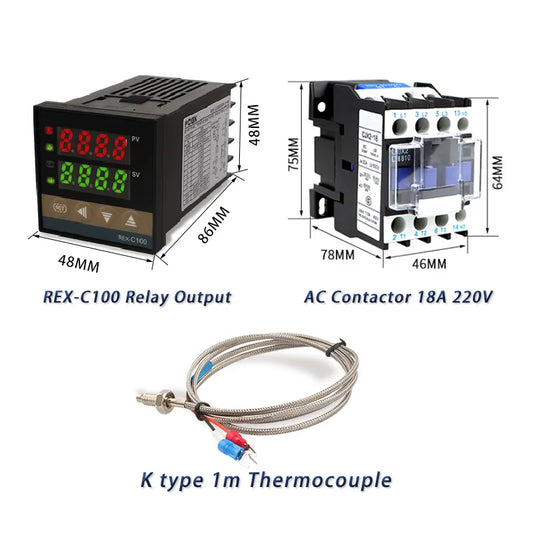 وحدة تحكم في درجة الحرارة REX-C100 PID بجهد 220 فولت حتى 400 درجة - ترموستات رقمي مع مخرج SSR 40 أمبير ومستشعر حرارة من النوع K