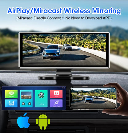 كاميرا تسجيل السيارة 4K بشاشة 10/11.26 بوصة مع كاربلاي لاسلكي وأندرويد أوتو ونظام ملاحة GPS ومسجل فيديو لوحة القيادة بعدستين مزدوجتين مع واي فاي وFM وAUX