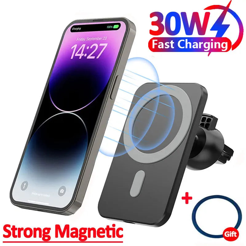 شاحن سيارة لاسلكي مغناطيسي 30 واط متوافق مع MagSafe لهواتف iPhone 16 15 14 13 Pro Max وXiaomi وSamsung مع حامل هاتف بمشبك فتحة التهوية