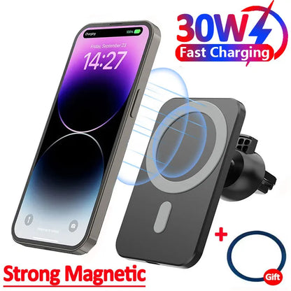 شاحن سيارة لاسلكي مغناطيسي 30 واط متوافق مع MagSafe لهواتف iPhone 16 15 14 13 Pro Max وXiaomi وSamsung مع حامل هاتف بمشبك فتحة التهوية