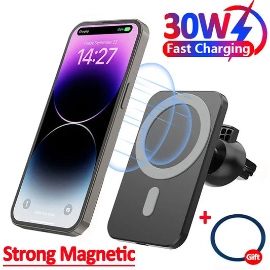 شاحن سيارة لاسلكي مغناطيسي 30 واط متوافق مع MagSafe لهواتف iPhone 16 15 14 13 Pro Max وXiaomi وSamsung مع حامل هاتف بمشبك فتحة التهوية