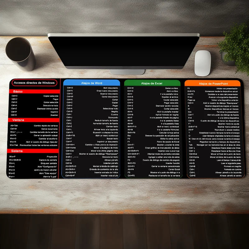 وسادة ماوس كبيرة بنمط اختصارات إكسل الإسبانية - حصيرة مكتب للكمبيوتر ولوحة المفاتيح - هدية مثالية لموظفي المكاتب والطلاب