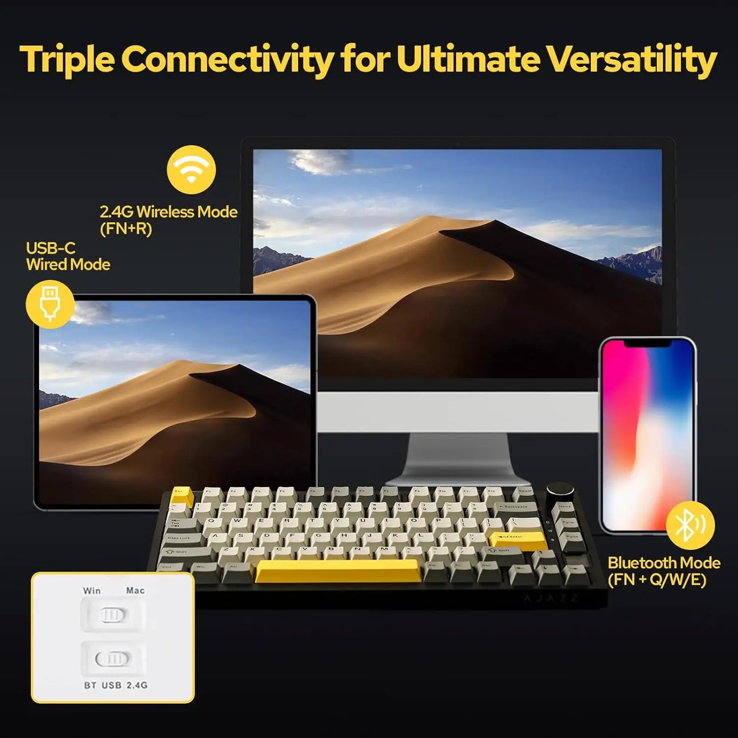 لوحة مفاتيح ميكانيكية للألعاب Ajazz AK820/AK820Pro بلوتوث 5.1/لاسلكية/سلكية USB-C قابلة للتخصيص مع مقبض وخاصية التبديل السريع وحشوة مطاطية