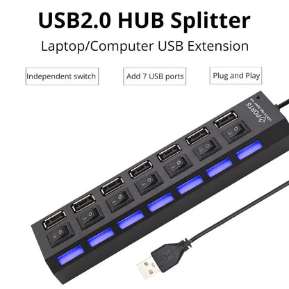 موزع USB محور توسيع 7 منافذ USB2.0 للكمبيوتر - جهاز تقسيم USB واحد إلى سبعة منافذ للكمبيوتر المحمول وسطح المكتب