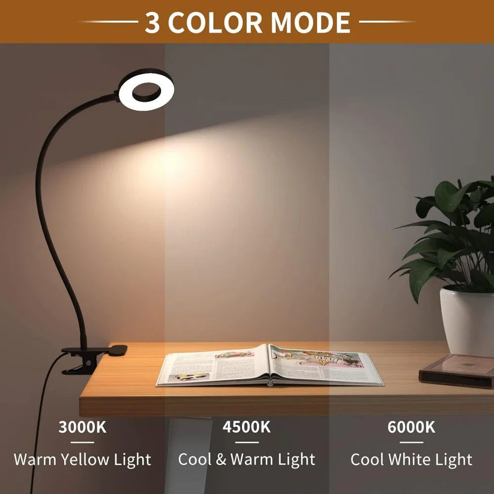 مصباح قراءة LED بمشبك - 3 ألوان و 10 مستويات إضاءة - مصباح مكتب برقبة مرنة - مصباح كتاب للأطفال - إضاءة ليلية للقراءة