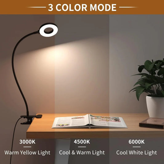 مصباح قراءة LED بمشبك - 3 ألوان و 10 مستويات إضاءة - مصباح مكتب برقبة مرنة - مصباح كتاب للأطفال - إضاءة ليلية للقراءة