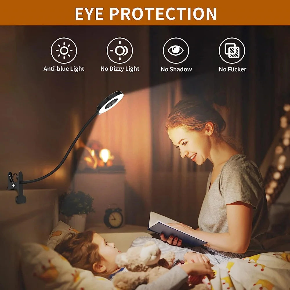 مصباح قراءة LED بمشبك - 3 ألوان و 10 مستويات إضاءة - مصباح مكتب برقبة مرنة - مصباح كتاب للأطفال - إضاءة ليلية للقراءة