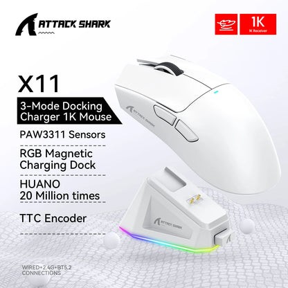 فأرة أتاك شارك X11 اللاسلكية، اتصال ثلاثي الأوضاع 2.4GHz/سلكي/بلوتوث PAW3311 22000DPI 400IPS RGB فأرة ألعاب للكمبيوتر