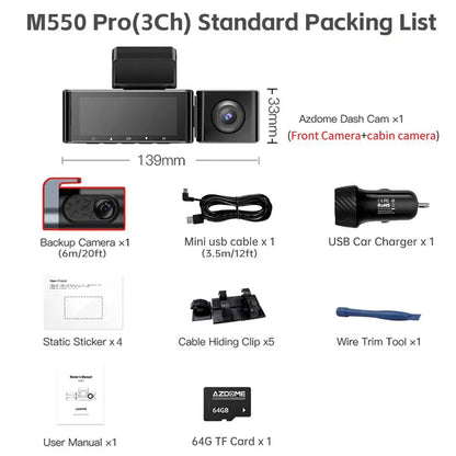 كاميرا سيارة AZDOME M550 Pro بتقنية WiFi 5.8 جيجاهرتز - قناتين/3 قنوات - دقة 4K+1080P مع GPS مدمج - شاشة IPS 3.19 بوصة - رؤية ليلية بالأشعة تحت الحمراء - وضع المراقبة 24 ساعة