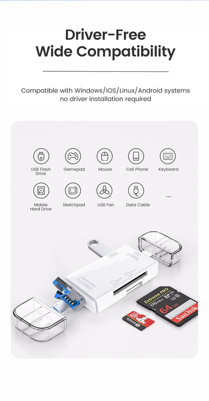قارئ بطاقات الذاكرة متعددة الوظائف 6 في 1 OTG قارئ بطاقات SD USB2.0 Type-C/TF/SD محول ذكي لبطاقات الذاكرة