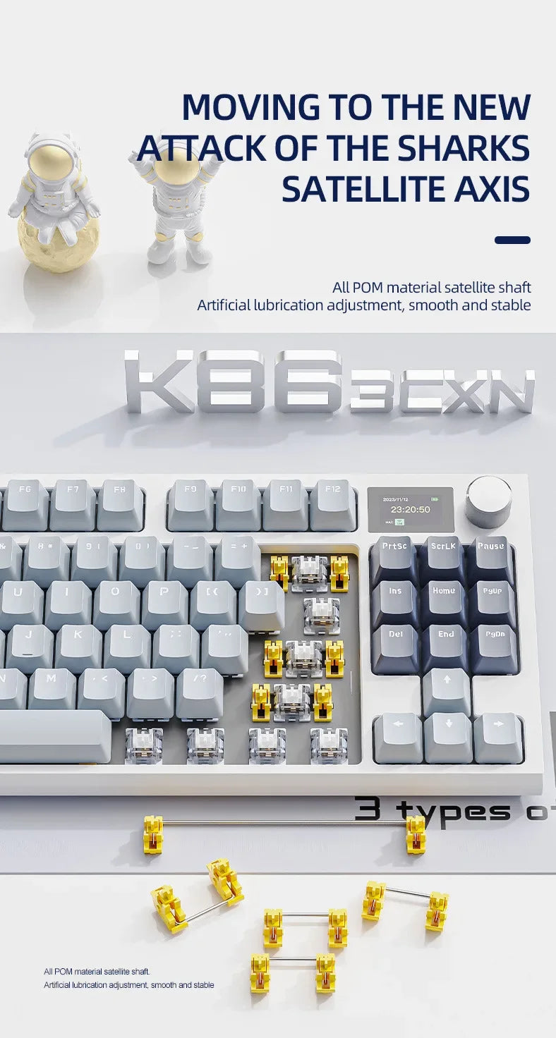 لوحة مفاتيح ميكانيكية Attack Shark K86 بمقبض معدني، شاشة TFT، تبديل سريع، إضاءة RGB، بلوتوث/لاسلكي، لوحة مفاتيح ألعاب بوظائف الماكرو