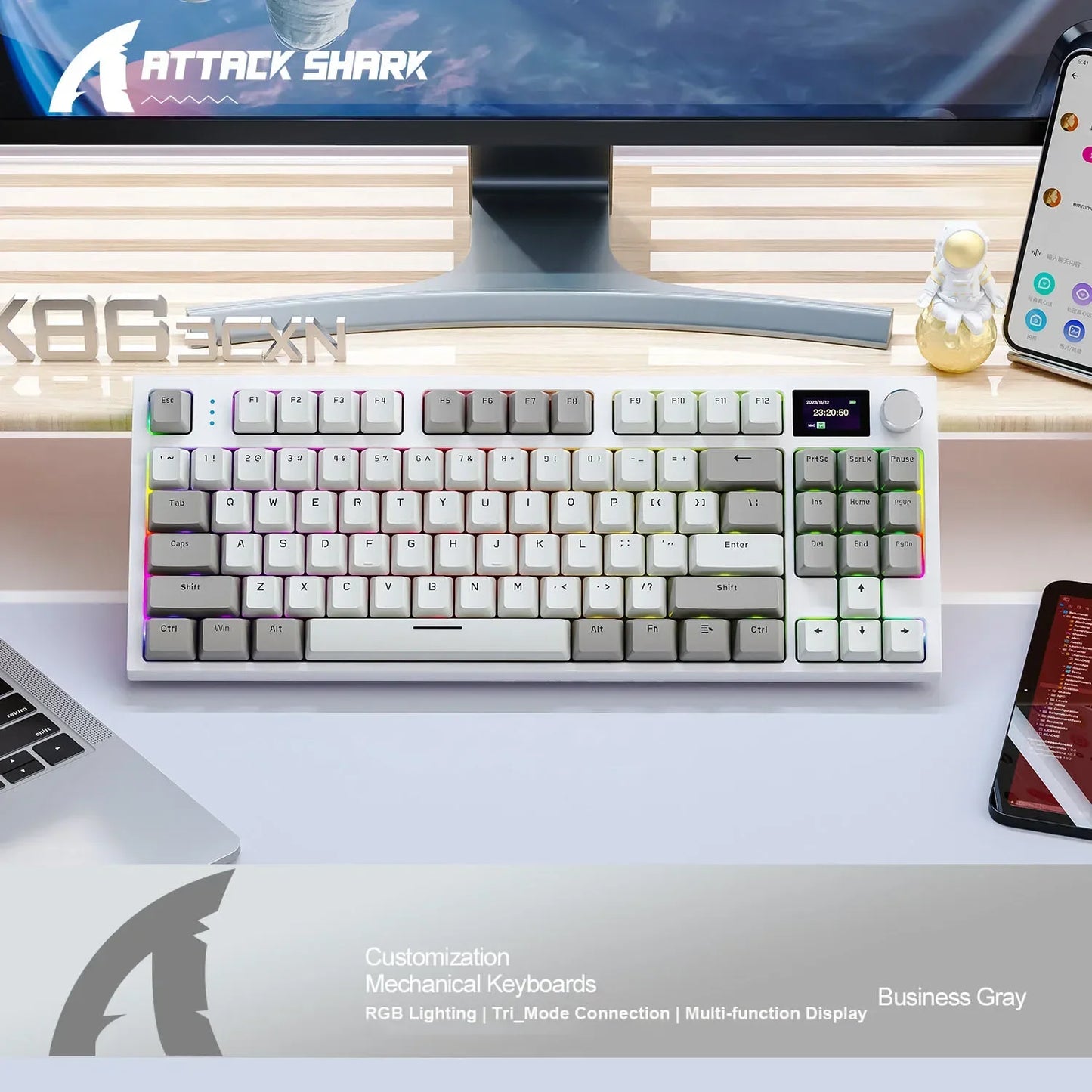 لوحة مفاتيح ميكانيكية Attack Shark K86 بمقبض معدني، شاشة TFT، تبديل سريع، إضاءة RGB، بلوتوث/لاسلكي، لوحة مفاتيح ألعاب بوظائف الماكرو
