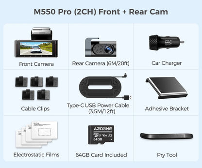 كاميرا سيارة AZDOME M550 Pro بتقنية WiFi 5.8 جيجاهرتز - قناتين/3 قنوات - دقة 4K+1080P مع GPS مدمج - شاشة IPS 3.19 بوصة - رؤية ليلية بالأشعة تحت الحمراء - وضع المراقبة 24 ساعة