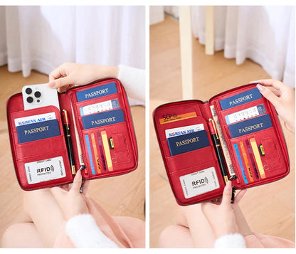 محفظة جواز السفر الجديدة للنساء والرجال متعددة الوظائف من جلد البولي يوريثان RFID لمكافحة سرقة البطاقات أكياس تخزين