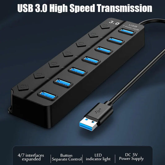 محول طاقة USB 3.0 موزع متعدد المنافذ 4/7 منفذ هاب USB 2.0 موسع متعدد مع مفتاح وكابل 30 سم محطة إرساء
