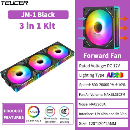 مروحة تبريد TEUCER JM-1 للكمبيوتر مع إضاءة ARGB وتأثير المرآة الدوري 800-2000 دورة/دقيقة PWM مبرد مائي 360 ملم