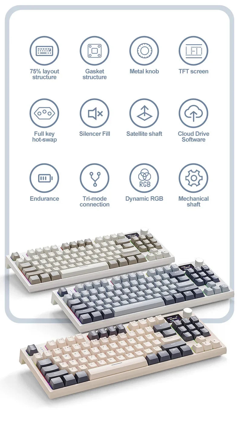 لوحة مفاتيح ميكانيكية Attack Shark K86 بمقبض معدني، شاشة TFT، تبديل سريع، إضاءة RGB، بلوتوث/لاسلكي، لوحة مفاتيح ألعاب بوظائف الماكرو