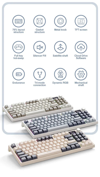 لوحة مفاتيح ميكانيكية Attack Shark K86 بمقبض معدني، شاشة TFT، تبديل سريع، إضاءة RGB، بلوتوث/لاسلكي، لوحة مفاتيح ألعاب بوظائف الماكرو