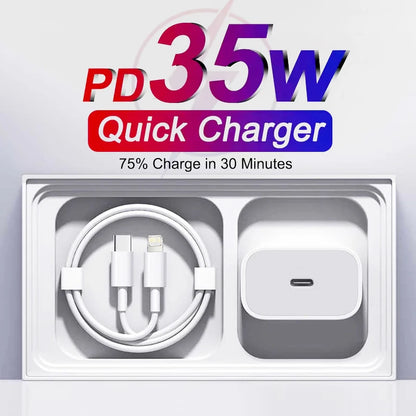 شاحن أصلي سريع PD 35 وات EU US لآيفون 16 15 14 13 11 12 برو ماكس بلس XS XR X مع كابل USB C شحن سريع تايب سي