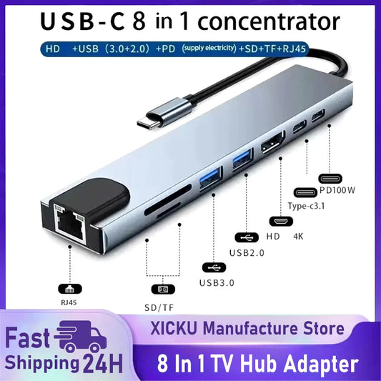 محول USB 8 في 1 من النوع C 3.1 إلى 4K HDTV مع قارئ بطاقات SD/TF وRJ45 وشحن سريع PD لأجهزة MacBook والكمبيوتر المحمول