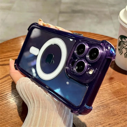 غطاء فاخر شفاف مزود بحلقة مغناطيسية للشحن اللاسلكي متوافق مع MagSafe، متوافق مع iPhone 11، 12، 13، 14، 15، 16 Pro Max Plus – واقٍ للصدمات بحواف معززة
