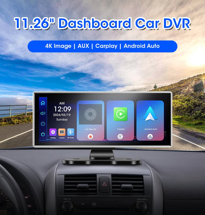 كاميرا تسجيل السيارة 4K بشاشة 10/11.26 بوصة مع كاربلاي لاسلكي وأندرويد أوتو ونظام ملاحة GPS ومسجل فيديو لوحة القيادة بعدستين مزدوجتين مع واي فاي وFM وAUX