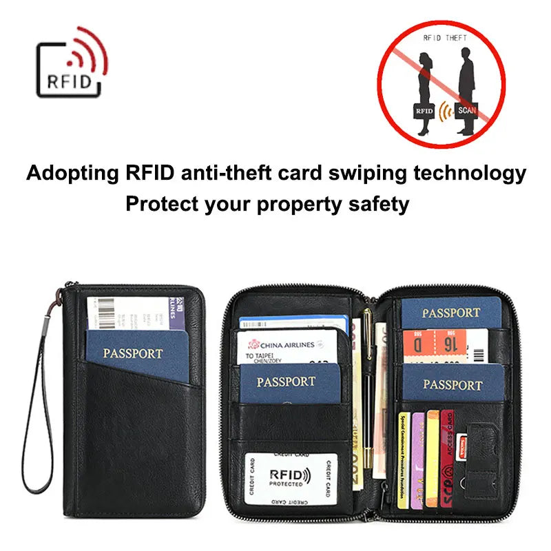 محفظة جواز السفر الجديدة للنساء والرجال متعددة الوظائف من جلد البولي يوريثان RFID لمكافحة سرقة البطاقات أكياس تخزين