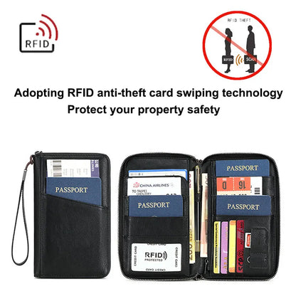 محفظة جواز السفر الجديدة للنساء والرجال متعددة الوظائف من جلد البولي يوريثان RFID لمكافحة سرقة البطاقات أكياس تخزين