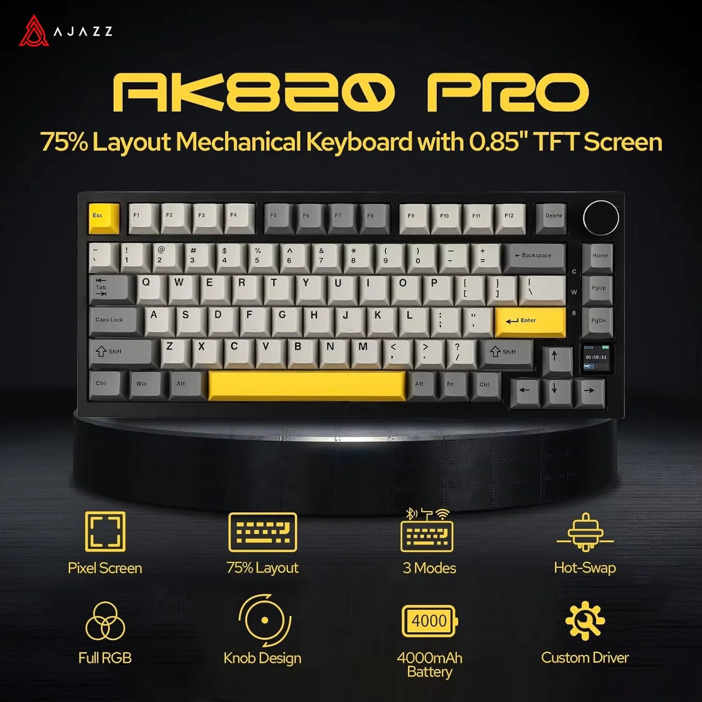 لوحة مفاتيح ميكانيكية للألعاب Ajazz AK820/AK820Pro بلوتوث 5.1/لاسلكية/سلكية USB-C قابلة للتخصيص مع مقبض وخاصية التبديل السريع وحشوة مطاطية