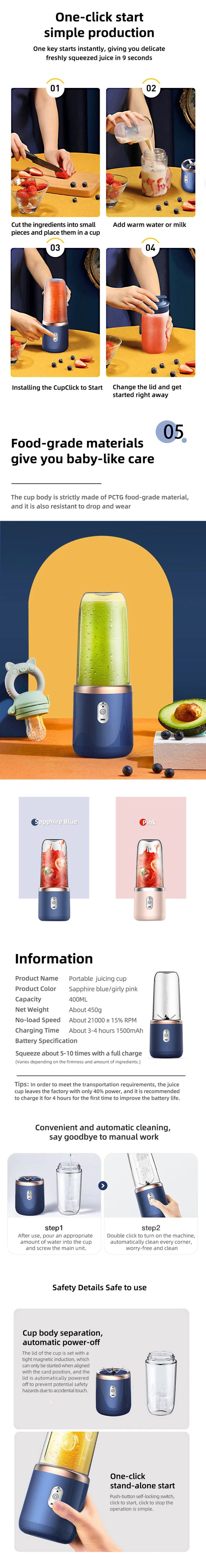 خلاط عصارة محمولة 400 مل كهربائية لعصر الفواكه بشحن USB لعصر الليمون والبرتقال والفواكه كوب عصير خلاط سموذي مع كوبين