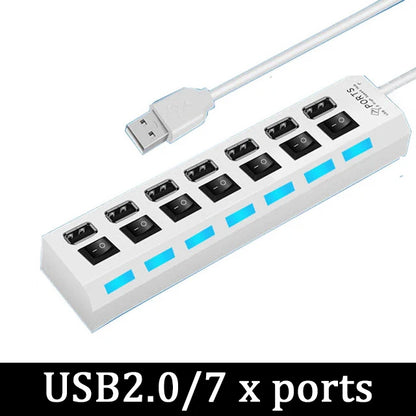 محول طاقة USB 3.0 موزع متعدد المنافذ 4/7 منفذ هاب USB 2.0 موسع متعدد مع مفتاح وكابل 30 سم محطة إرساء