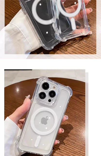 غطاء فاخر شفاف مزود بحلقة مغناطيسية للشحن اللاسلكي متوافق مع MagSafe، متوافق مع iPhone 11، 12، 13، 14، 15، 16 Pro Max Plus – واقٍ للصدمات بحواف معززة